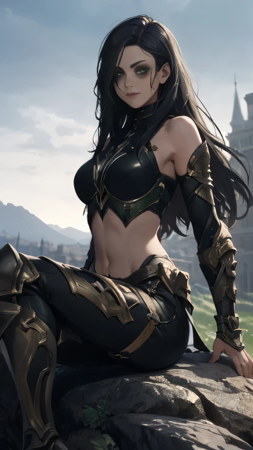 (Highly quality, masterpiece, detailed), undead city detailed scenario, undead city detailed background, 1girl, black hair, long hair, armor, bare shoulders, green eyes, crop top, silme, navel, sitting on a rock, perfect face, beautiful eyes, look at the viewer, Sexy pose