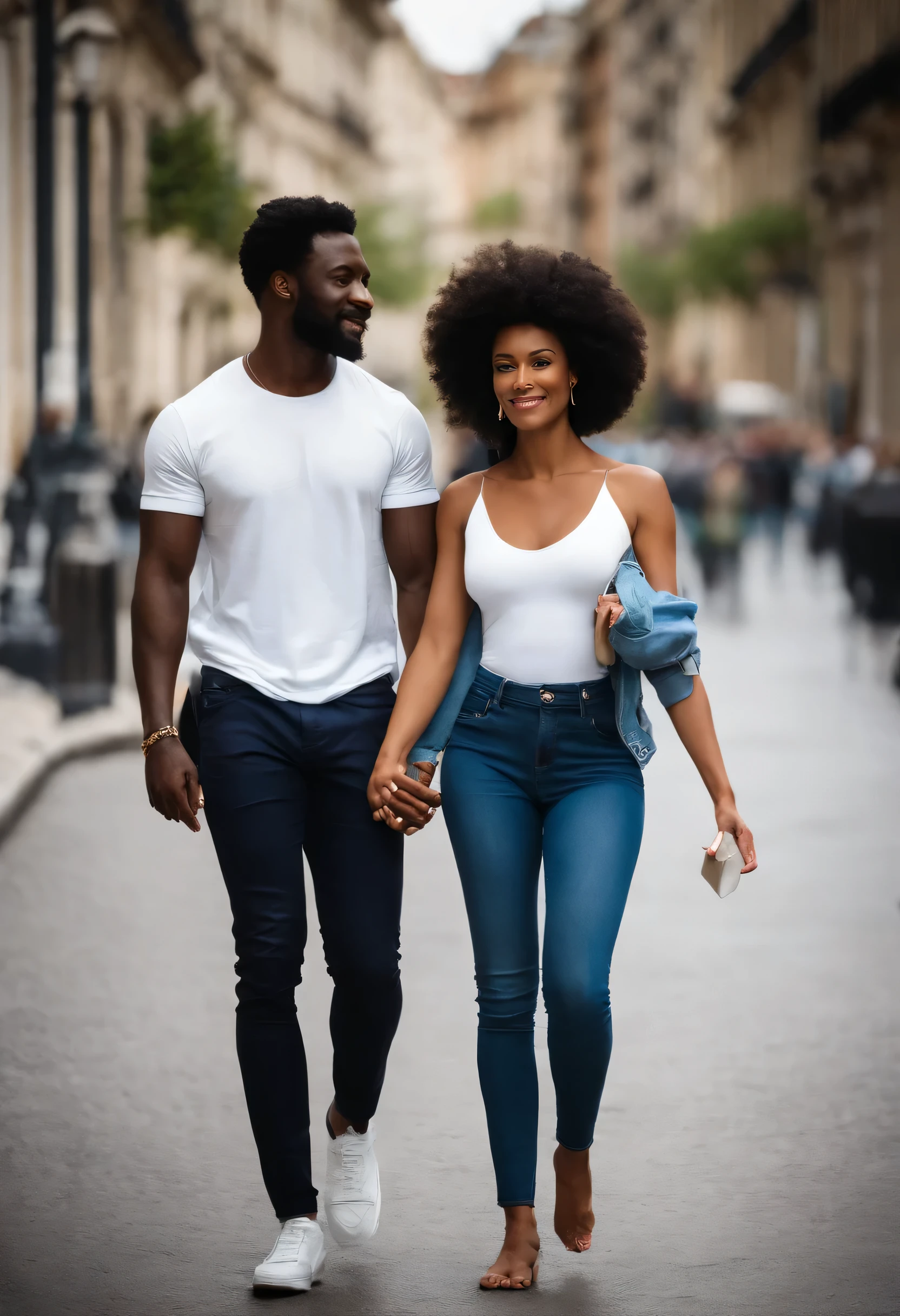 Un couple avec une femme afro américaine of 24 years old of average stature, avec une allure athlétique qui témoigne de son engagement régulier dans des activités physiques, although he is not excessively muscular. Ses cheveux bruns, often styled in a casual but neat manner, encadrent un visage au teint clair marqué par des traits doux mais déterminés. Ses yeux sont d'un vert profond, reflétant une palette d'émotions, de la chaleur et de l'empathie à une mélancolie introspective, surtout lorsqu'il se perd dans ses pensées ou ses souvenir. Les deux marchant dans la rue et se tenant la main.