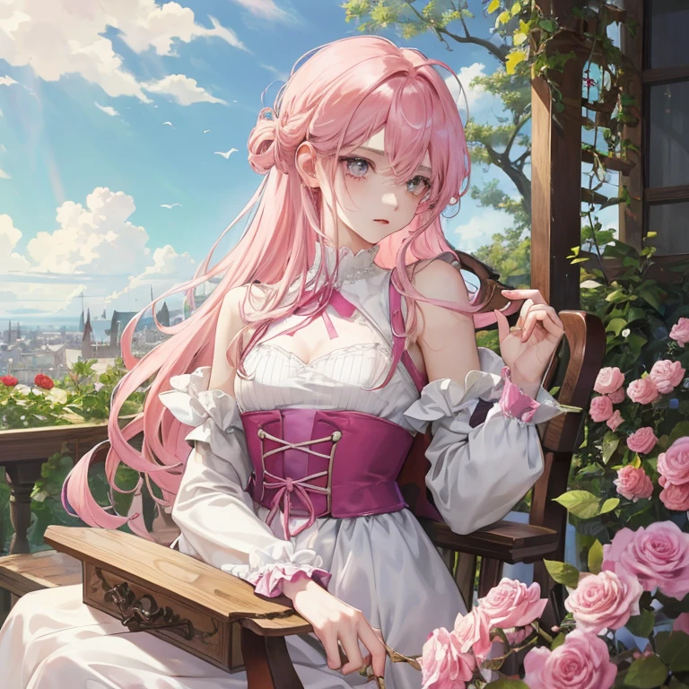 Anime girl with long pink hair sitting leisurely on a vintage chair, holding a fragile rose between her slender fingers. Her expression is thoughtful, her eyes downcast as she Lost in her own world. This captivating character portrait is reminiscent of Hiro Yamagata's distinctive style, a popular artist on pixiv. The neo-romanticism of this delicate and androgynous prince is emphasized by the ethereal background, filled with soft pastel colors and dreamy, pink clouds.
In the foreground, a handsome male demon hunter stands proudly, his sculpted muscles and sharp features drawing the viewer's gaze. His posture is bold