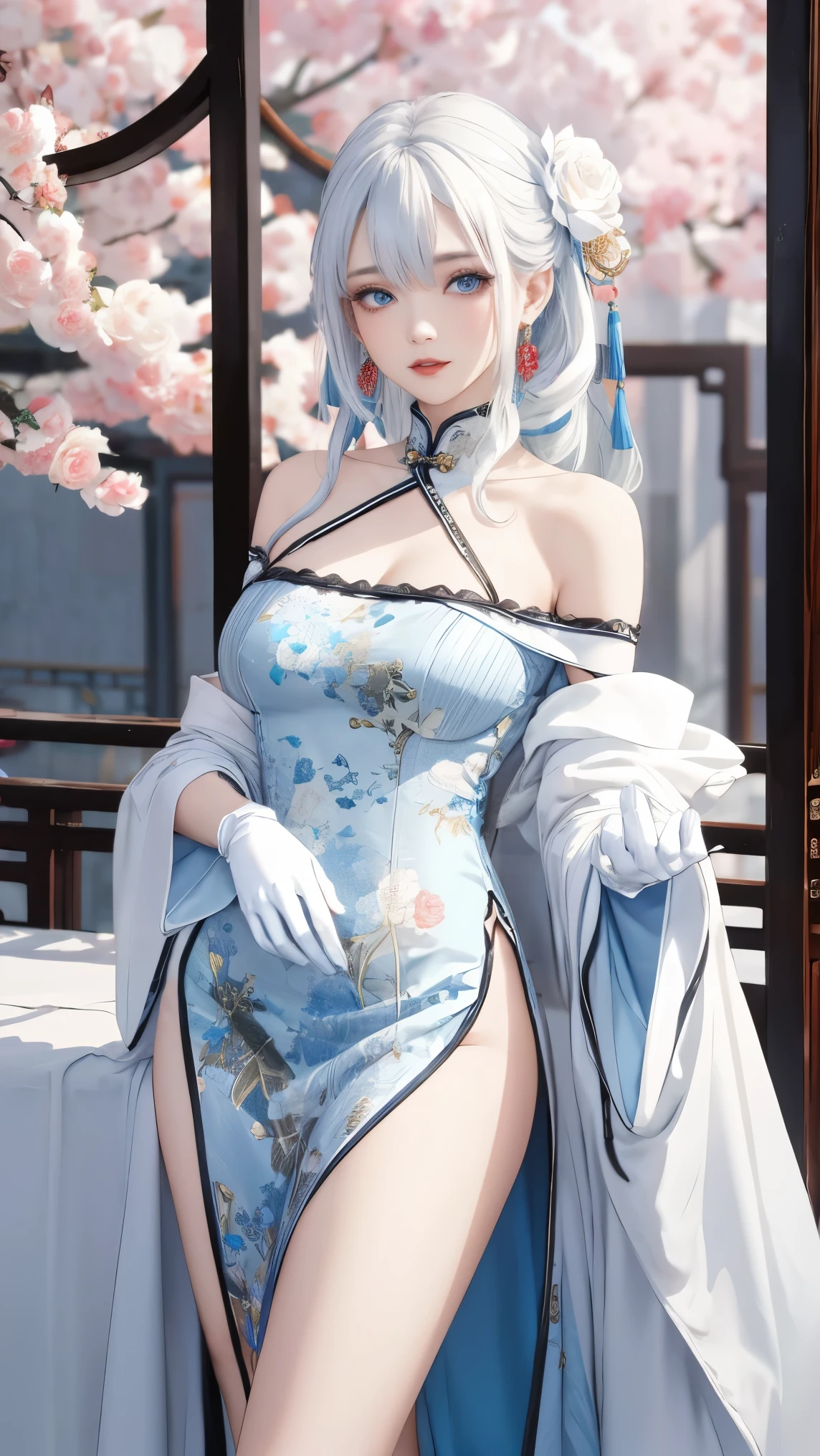 1 girl, (lo style: 1.5), bangs, lips, dress, long hair, blue eyes, high thighs, off shoulder, lo style Chinese dress, Chinese clothing, lipstick, realistic, rose, jewelry, earrings, curly hair, flower holding, gloves, elbow gloves, white gloves, makeup, white thighs, white hair, flower, standing,