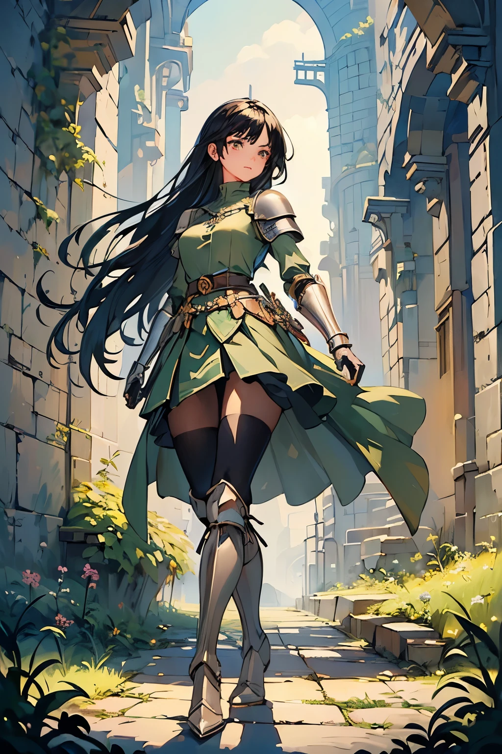 (((masterpiece))), (((best quality))), ((ultra-detailed)), (cinematic lighting), (illustration), (beautiful detailed eyes), (1girl, 20s), full body, knight, futuristic armour, castle in background, field, expressive eyes, perfect face, Girl: (black hair, long hair, wearing skirt, black pantyhose, green and grey armour, green baggy shirt, knee boots),