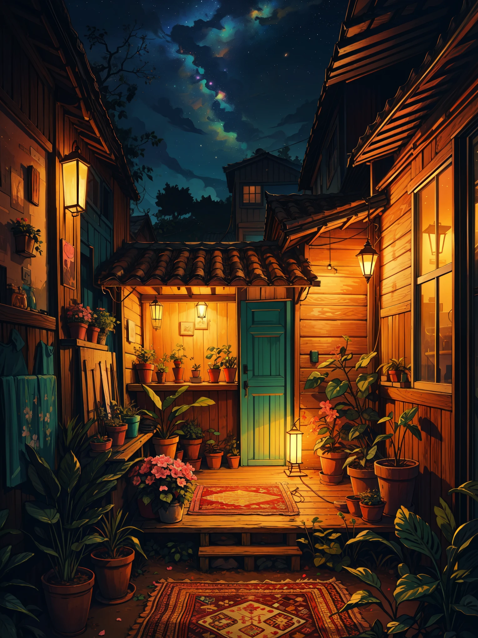 wide view, beautiful interiors of a vozy bedroom, orange wooden windows, pink Bougainvillea flowers, alocasia plants, gypsy aesthetics, lamp, green and orange tones, boho carpet, telephone, cozy atmosphere, night time, starry sky visible from sky, micro landscape, day time, shade of shed, intrinsic details