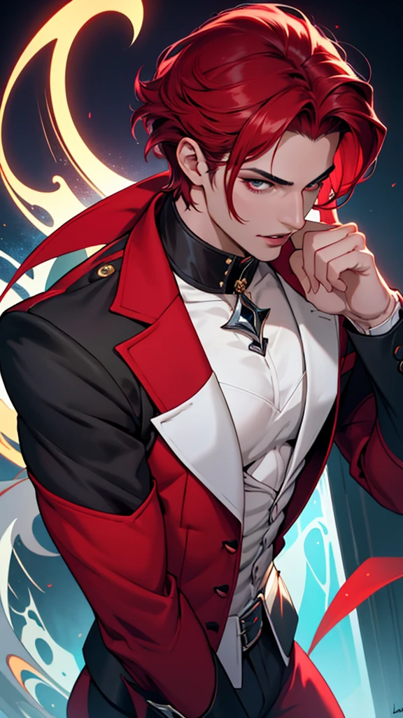 1 chico, Gorgeous elegant male vampire with a perfect balance of masculine and feminine traits, Impresionante cabello largo y rojo, White and red tetradic colors, perfect anatomy, ojos seductores, 8k resolution, (Persona soltera), obra maestra, cara perfecta:1.2), Detalles intrincados, Fondo detallado del club nocturno, 32k, ombligo cubierto, labios llenos, chico con curvas, cinematic lighting,