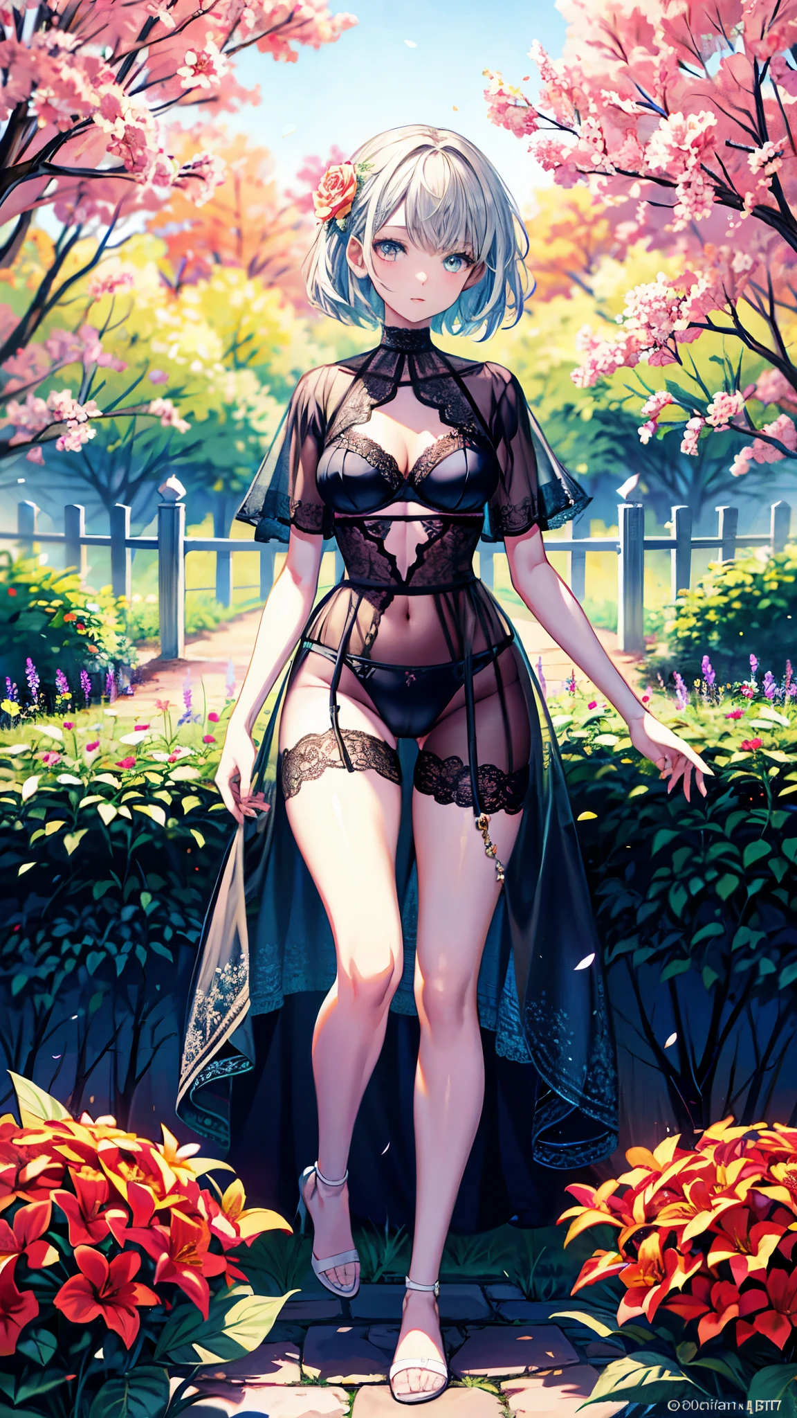 (Raw photo:1.2), (Photorealistic), Beautiful detailed girl, Very detailed eyes and face, Beautiful detailed eyes, Huge file size, High resolution, Very detailed, Best Quality, [masterpiece:1.6], Illustration, Very detailed, Fine detail, Best Quality, 32K Wallpaper, intricate details, in the garden, colorful flowers, beautiful young woman, short height, pixie cur hair, medium breast, low cut panties and bra, full body photo, cameltoe, back view
