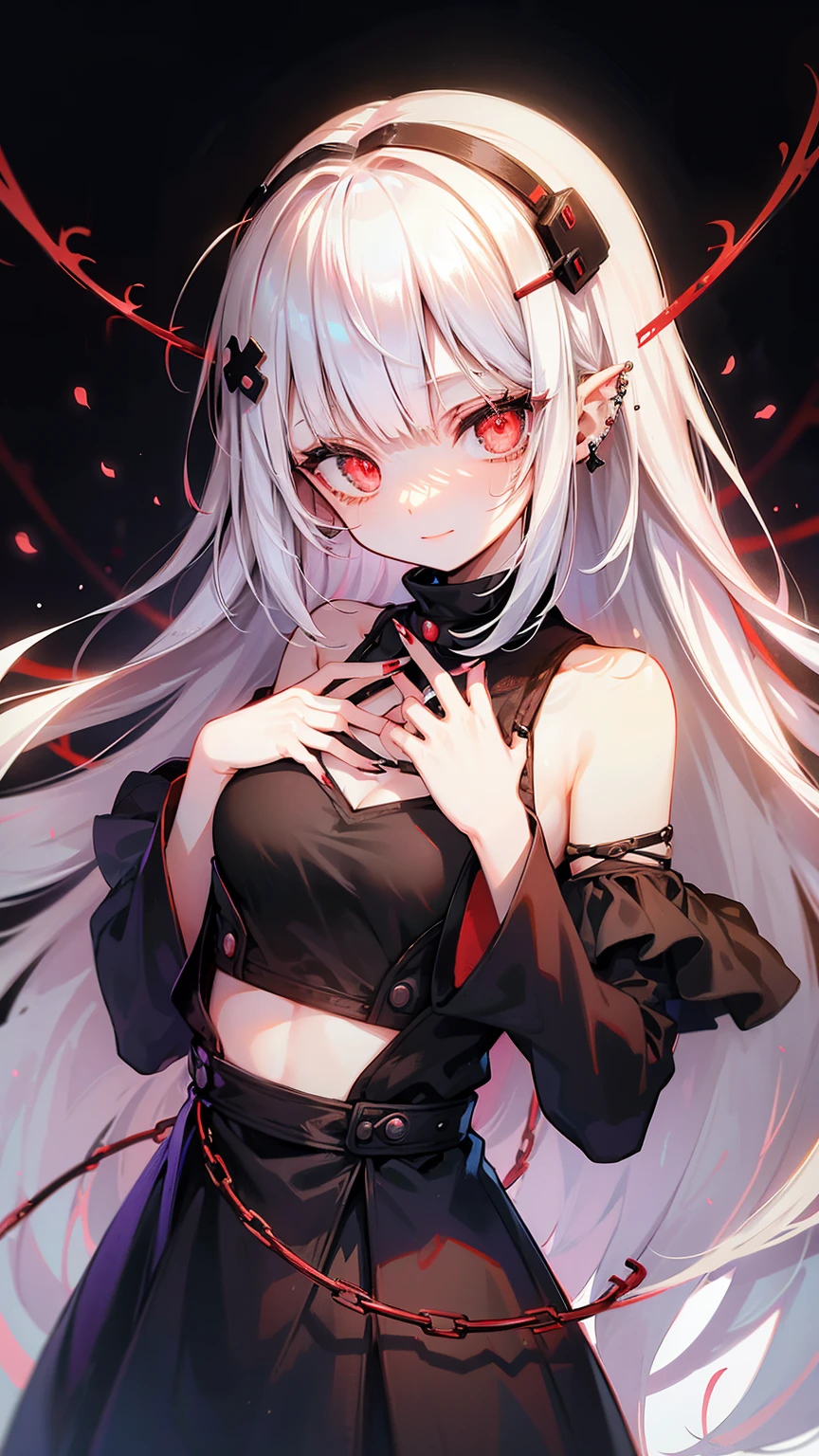 Beautiful young white-haired girl with piercing red eyes, half smile with full lips, black nails, barbed wires everywhere(coiled black barbed wires)