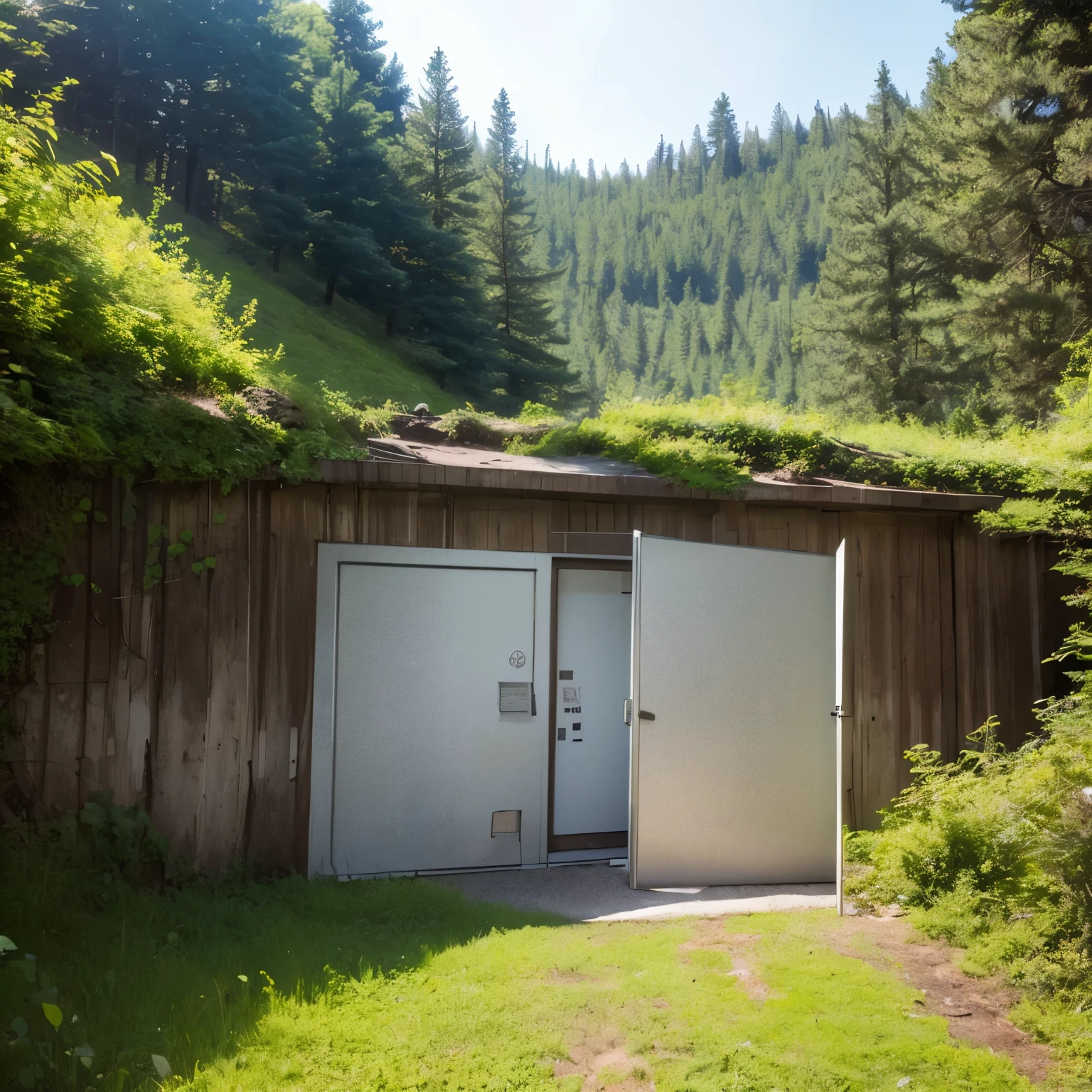 The door to a nuclear shelter in the middle of a mountain, hidden by extensive vegetation such as trees and bushes, seen from the outside in the morning light