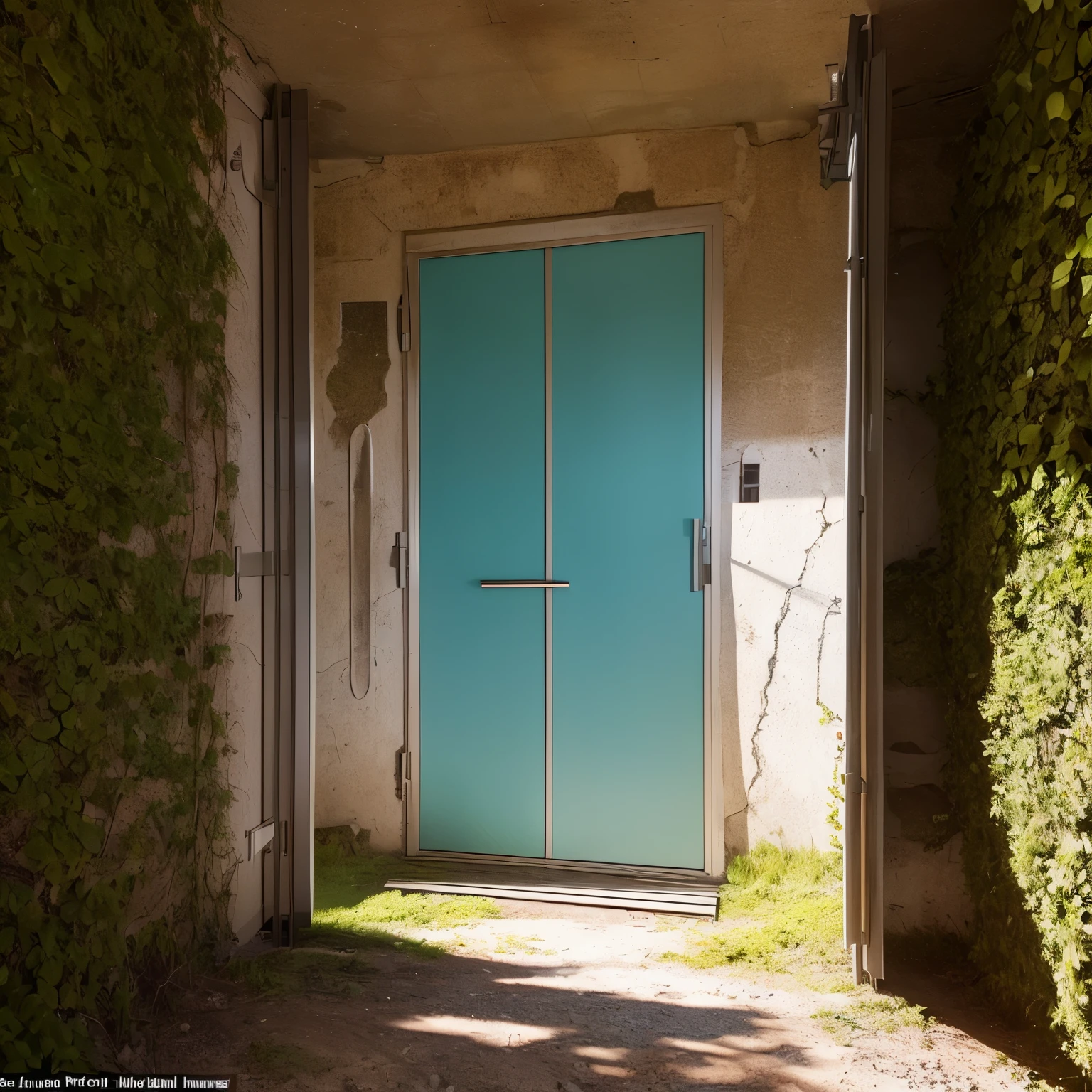 The door to a nuclear shelter in the middle of a mountain, hidden by extensive vegetation such as trees and bushes, seen from the outside in the morning light
