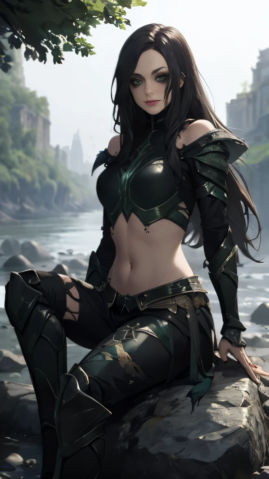 (Highly quality, masterpiece, detailed), undead city detailed scenario, undead city detailed background, 1girl, black hair, long hair, armor, bare shoulders, green eyes, crop top, silme, navel, sitting on a rock, perfect face, beautiful eyes, look at the viewer, Sexy pose