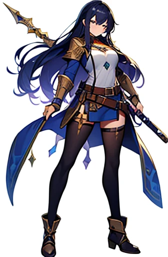 (((Best Quality))) , ((full body)), female, high fantasy outfit, solo, (white background), holding weapon, belt, blue, orange, green, violet, brown, white,
