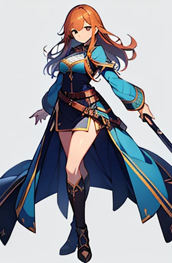 (((Best Quality))) , ((full body)), female, high fantasy outfit, solo, (white background), holding weapon, belt, blue, orange, green, violet, brown, white,
