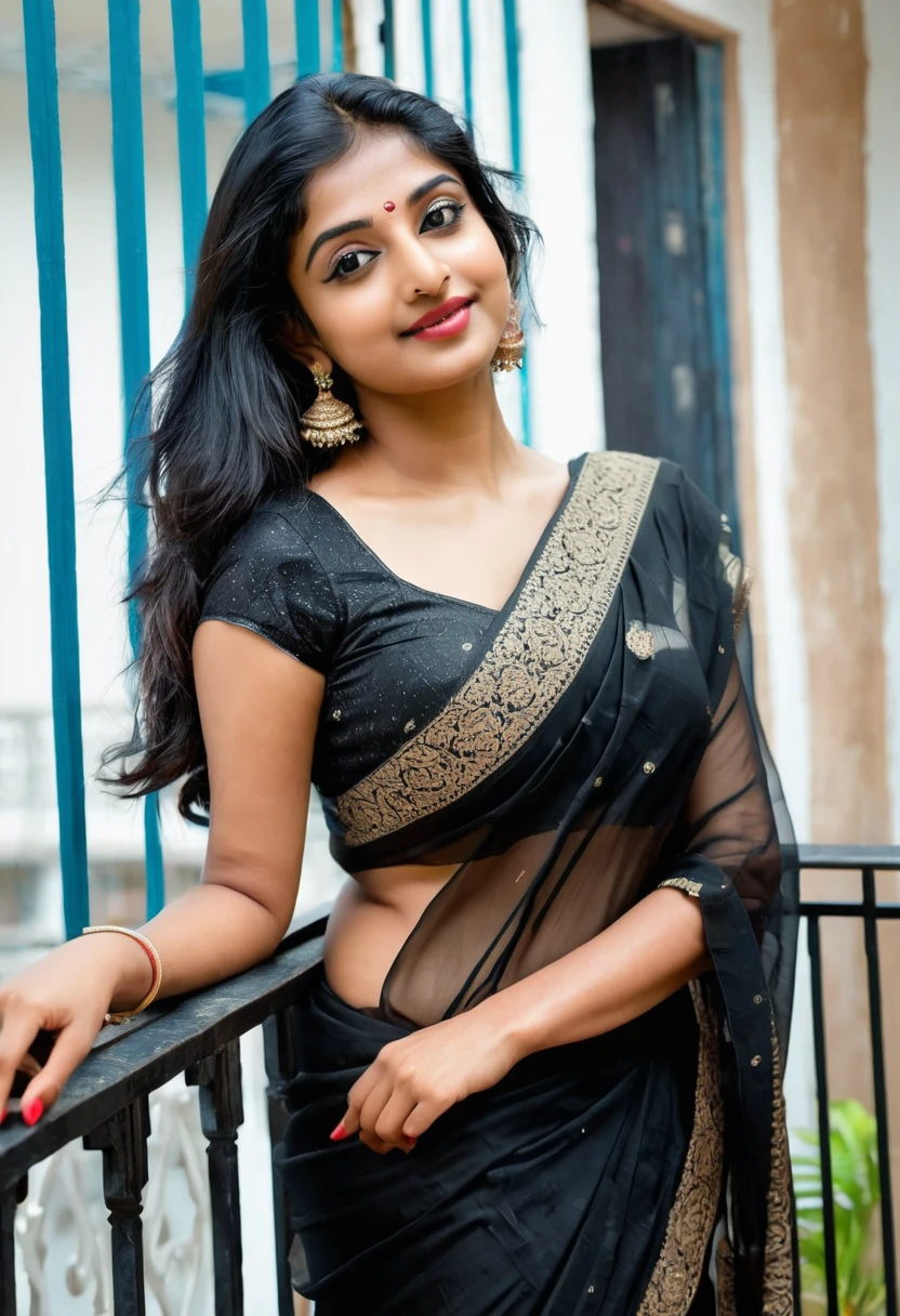 Indian girl in black saree in seductive pose, balcony