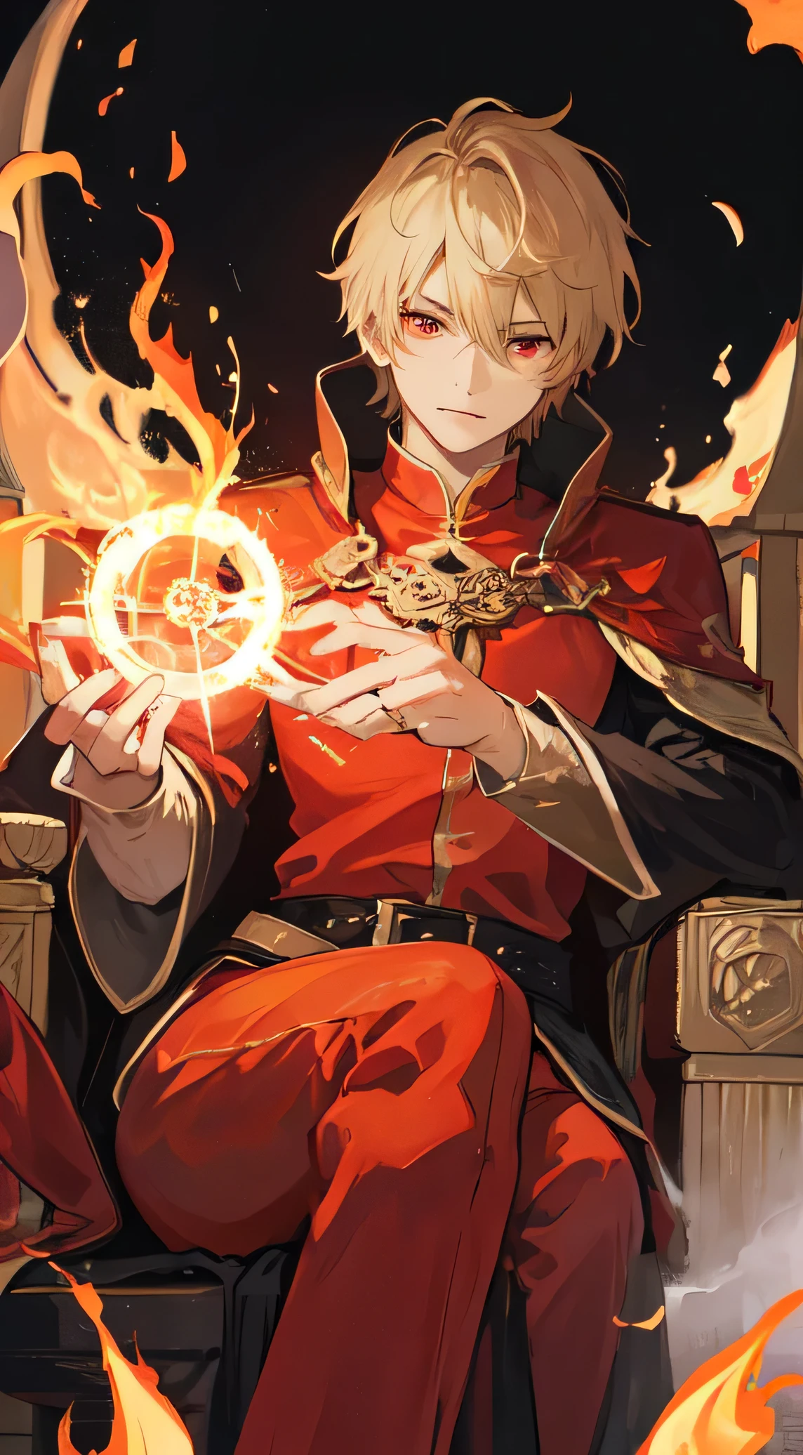 35 year old male ,Short black and blonde hair, red eyes, robust, Fire Dragon God, emperor, throne, magic circle, Make it like tarot anime style but without the frame, Sharp and penetrating eyes ,flame, flame energy, crimson particles, strength, red beam, Fire dragon energy