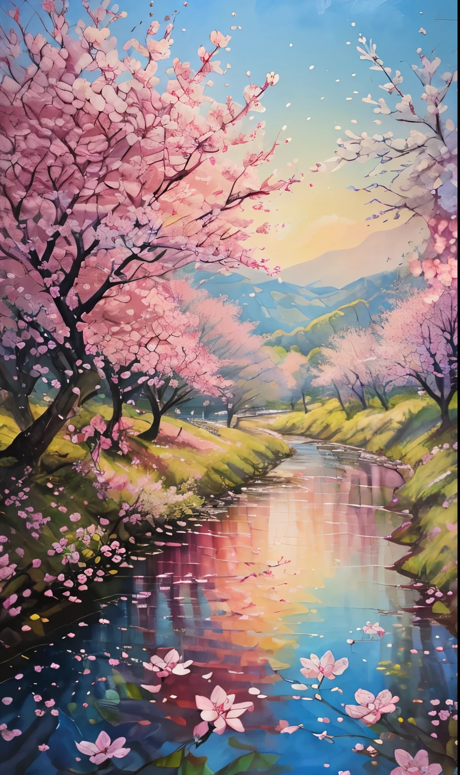 painting of a river with pink flowers and trees in the background, blossoming path to heaven, cherry blossom forest, beautiful art uhd 4 k, beautiful painting, cherry blossom trees, detailed painting 4 k, blissful landscape, scenery art detailed, nature painting, beautiful art, a beautiful painting, cherry trees, scenery artwork, peaceful landscape, stream of love and happiness