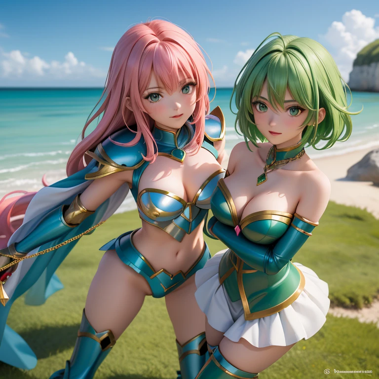 une femme, 25 ans, manga, cheveux longs, cheveux de couleur verte, green hairs, pink armor, armure de couleur rose, armure d'andromède de couleur rose, pink colored shoulder pads, saint seiya, shun, andromeda, chains attached to the arms, casque, chevalier du zodiaque, on an isolated island, falaise, pilier de pierre