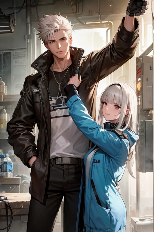 a cybernetically enhanced young man in brown duster jacket with white hair stands alongside a cheerful female mechanic with black hair in a cluttered workshop. They embody the contrast between gritty cyberpunk aesthetics and the warmth of human connection amidst the advanced technological surroundings while in a posing position