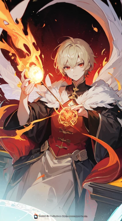 35 year old male ,Short black and blonde hair, red eyes, robust, Fire Dragon God, emperor, throne, magic circle, Make it like tarot anime style but without the frame, Sharp and penetrating eyes ,flame, flame能量, crimson particles, strength, red beam, Fire dragon energy