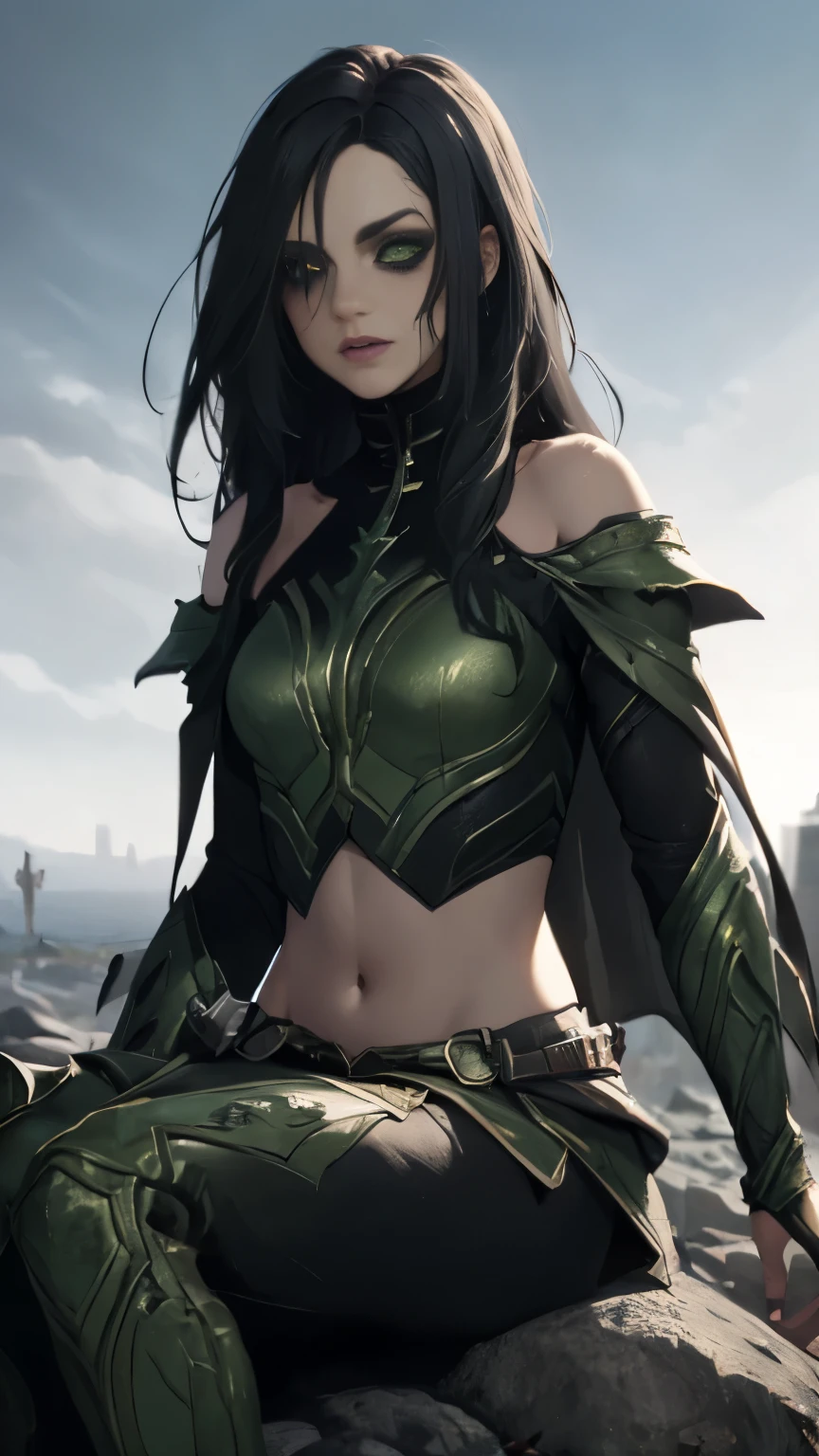 (Highly quality, masterpiece, detailed), undead city detailed scenario, undead city detailed background, 1girl, black hair, long hair, armor, bare shoulders, green eyes, crop top, silme, navel, sitting on a rock, perfect face, beautiful eyes, look at the viewer, Sexy pose