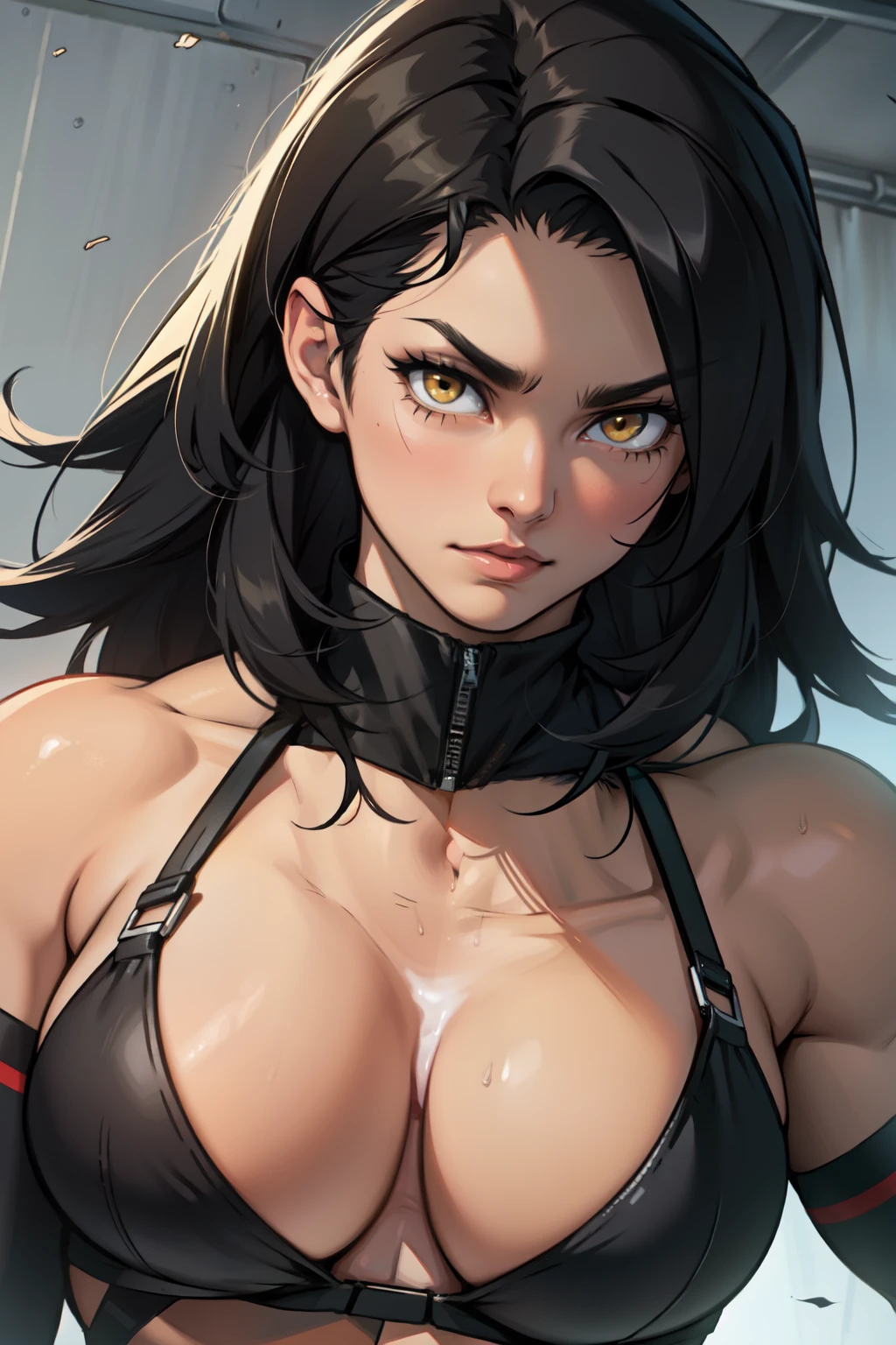 muscular girl black hair yellow eyes