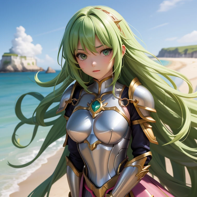 une femme, 25 ans, manga, cheveux longs, cheveux de couleur verte, green hairs, pink armor, armure de couleur rose, armure d'andromède de couleur rose, pink colored shoulder pads, pink shoulder armour, pink shest armour, saint seiya, shun, andromeda, chains attached to the arms, casque, chevalier du zodiaque, on an isolated island, falaise, pilier de pierre
