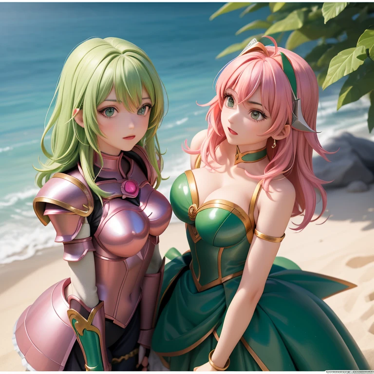 une femme, 25 ans, manga, cheveux longs, cheveux de couleur verte, green hairs, pink armor, armure de couleur rose, armure d'andromède de couleur rose, pink colored shoulder pads, pink shoulder armour, pink shest armour, saint seiya, shun, andromeda, chains attached to the arms, casque, chevalier du zodiaque, on an isolated island, falaise, pilier de pierre