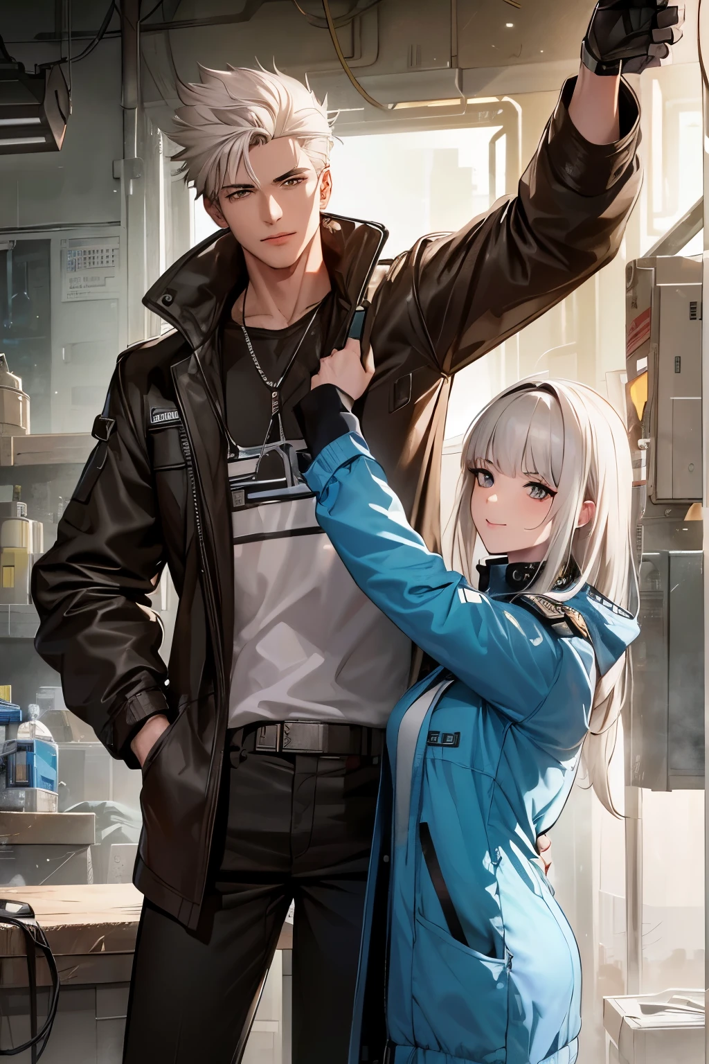 a cybernetically enhanced young man in brown duster jacket with white hair stands alongside a cheerful female mechanic with black hair in a cluttered workshop. They embody the contrast between gritty cyberpunk aesthetics and the warmth of human connection amidst the advanced technological surroundings while in a posing position
