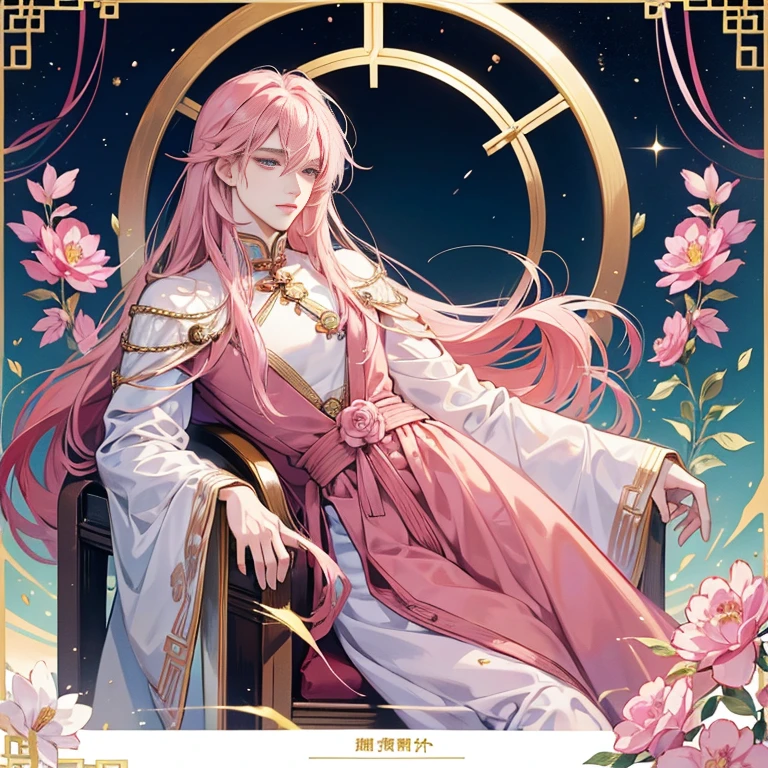 Chinese Men: A beautiful androgynous prince with long pink hair sits elegantly on a chair, holding a delicate rose. His features are finely detailed, with intricately designed eyes that sparkle brightly. The prince's skin has a shiny, smooth finish, adding to his ethereal beauty. The background is a stunning anime key visual, filled with intricate patterns and vibrant colors, enhancing the prince's elegance.
Anime Boy: An anime boy with long pink hair sits on a chair, showcasing a handsome androgynous appearance. His expression is serene, with closed eyes, giving off an air of tranquility. The boy's refined features and beautiful