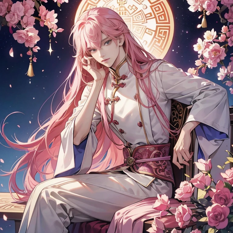 Chinese Men: A beautiful androgynous prince with long pink hair sits elegantly on a chair, holding a delicate rose. His features are finely detailed, with intricately designed eyes that sparkle brightly. The prince's skin has a shiny, smooth finish, adding to his ethereal beauty. The background is a stunning anime key visual, filled with intricate patterns and vibrant colors, enhancing the prince's elegance.

Anime Boy: An anime boy with long pink hair sits on a chair, showcasing a handsome androgynous appearance. His expression is serene, with closed eyes, giving off an air of tranquility. The boy's refined features and beautiful