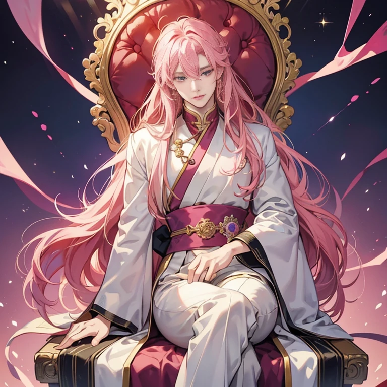 Chinese Men: A beautiful androgynous prince with long pink hair sits elegantly on a chair, holding a delicate rose. His features are finely detailed, with intricately designed eyes that sparkle brightly. The prince's skin has a shiny, smooth finish, adding to his ethereal beauty. The background is a stunning anime key visual, filled with intricate patterns and vibrant colors, enhancing the prince's elegance.

Anime Boy: An anime boy with long pink hair sits on a chair, showcasing a handsome androgynous appearance. His expression is serene, with closed eyes, giving off an air of tranquility. The boy's refined features and beautiful