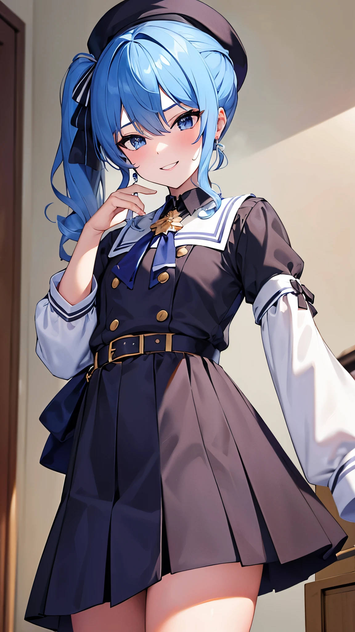 （(((Give the boy a gift box)))）, （Gift exchange）　,（((Give a gift))）, flat chest,8K,highest quality,masterpiece, highest quality, High resolution, side ponytail, hoshimachi suisei,flat breasts,（flat chest）,thin , skinny ,she is sadistic、 ((charm))、Keep your lips open、 (((evil smile)))、perfect proportions、((in her room))、(((she is standing))),from below,