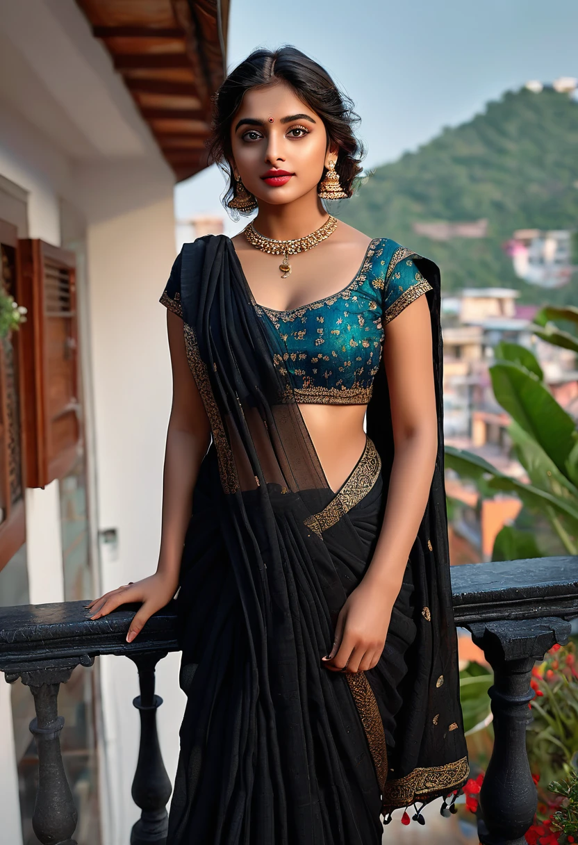(best quality,4k,8k,highres,masterpiece:1.2),ultra-detailed,(realistic,photorealistic,photo-realistic:1.37),beautiful detailed eyes,beautiful detailed lips,extremely detailed eyes and face,longeyelashes,1girl,Indian girl,body language,alluring expression,black saree,seductive pose,balcony,balcony railing,potted plants,romantic atmosphere,vivid colors,soft lighting,full body view 
