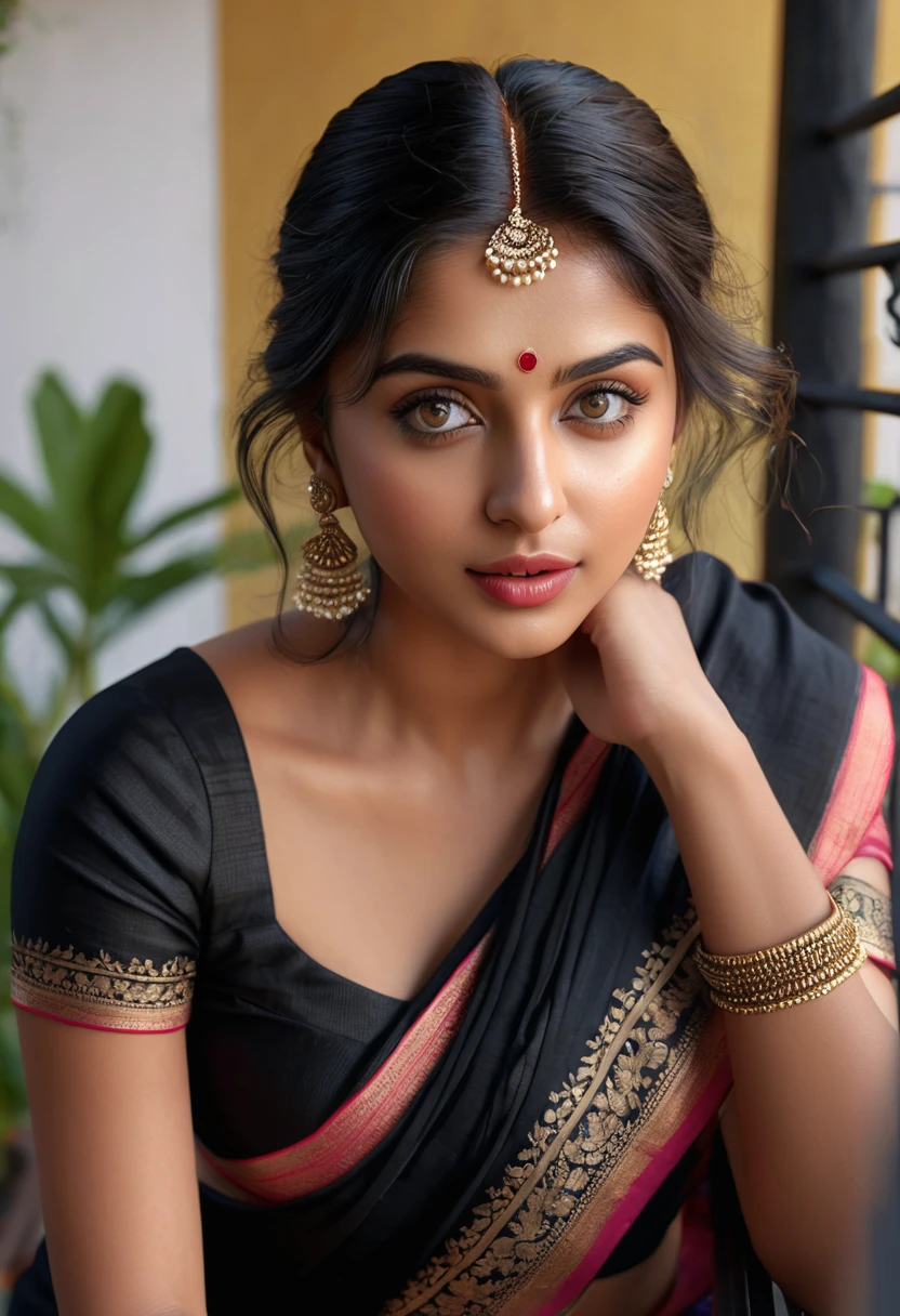 (best quality,4k,8k,highres,masterpiece:1.2),ultra-detailed,(realistic,photorealistic,photo-realistic:1.37),beautiful detailed eyes,beautiful detailed lips,extremely detailed eyes and face,longeyelashes,1girl,Indian girl,body language,alluring expression,black saree,seductive pose,balcony,balcony railing,potted plants,romantic atmosphere,vivid colors,soft lighting,full body view