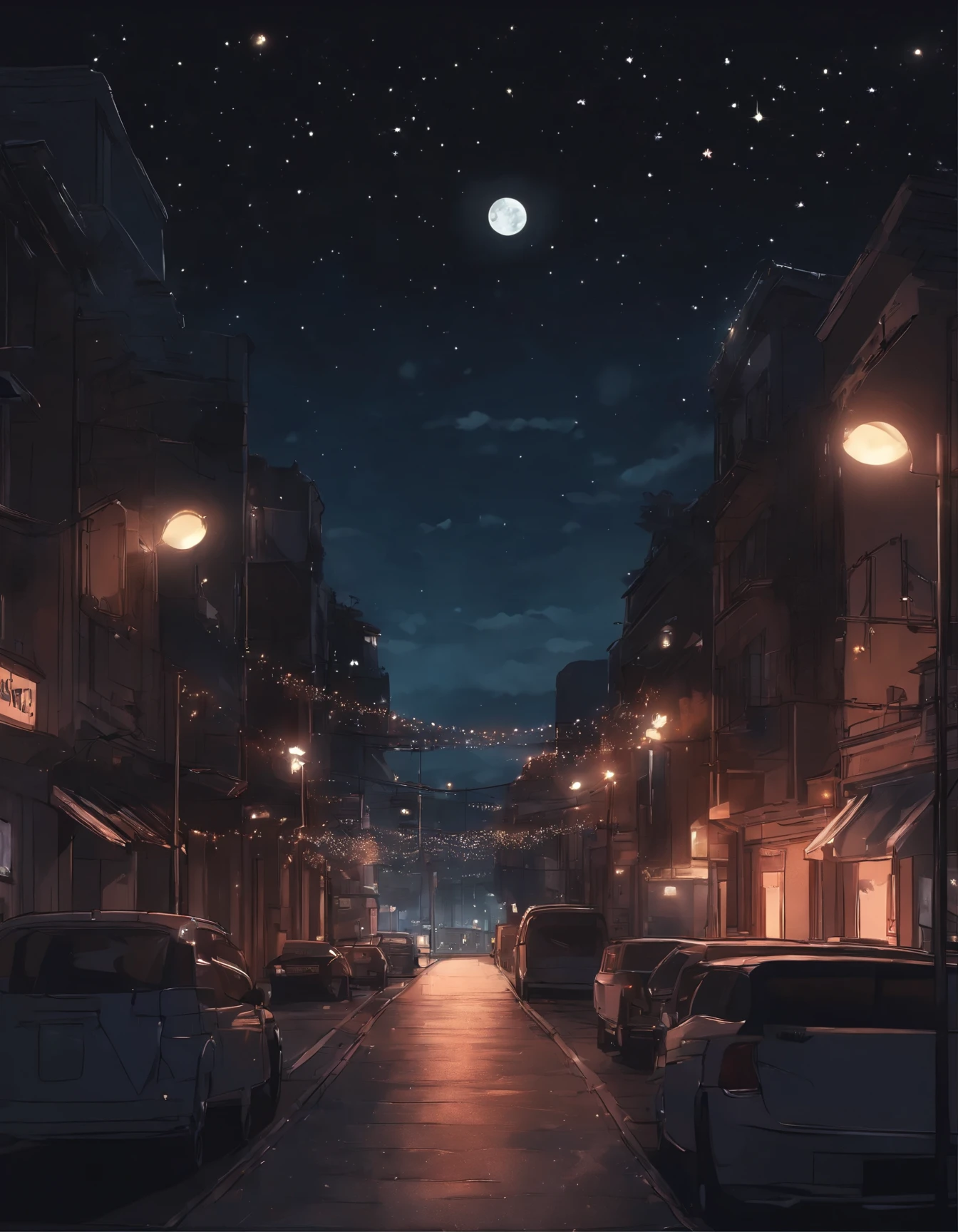 anime dark night sky looking at the sky under night sky, city with lights, cool warm in background, stars, moon sky shining do it like video named Sad Chill Music - 3107-2 Lofi - Just Need Someone...