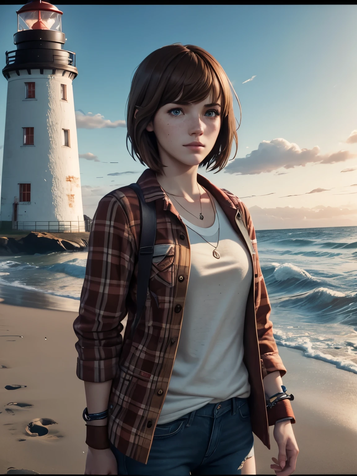 Max Caulfield from Life is Strange, blue eyes, freckles, bangs, brown short hair, wearing white shirt, red flannel jacket, holding a polaroid camera, background Lighthouse on the Beach