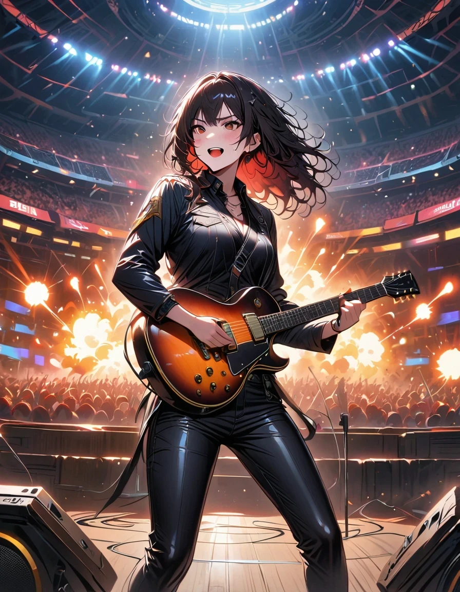 (best quality,4K,8K,high resolution,masterpiece:1.2),Super detailed,(actual,photoactual,photo-actual:1.37),rock star,singer,Guitar,Uniform,Black,tight,golden accents,spacewalk,hysterical singing,Stage lighting,rebellious,glitch art,bright colors,Energetic performance,electric atmosphere,loud music,screaming fans,Huge speakers,Fiery explosion,dynamic poses,Smoke and fog effects,expressive face,rotating lights,Flash,dark background,edgy style,wild hair,microphone stand,Guitar sound distortion,rock music,Celebrity,Electric Guitar Solo,huge concert stage,strut on stage,Condescending,Emotional intensity,Loud and heavy drum beat,Electric energy,Stage fireworks,Powerful vocal performance,the stadium has a full crowd,thousands of fans,Roaring crowd,flash,electric atmosphere,sweaty and Energetic performance,legendary figures,Acting skills,standing ovation