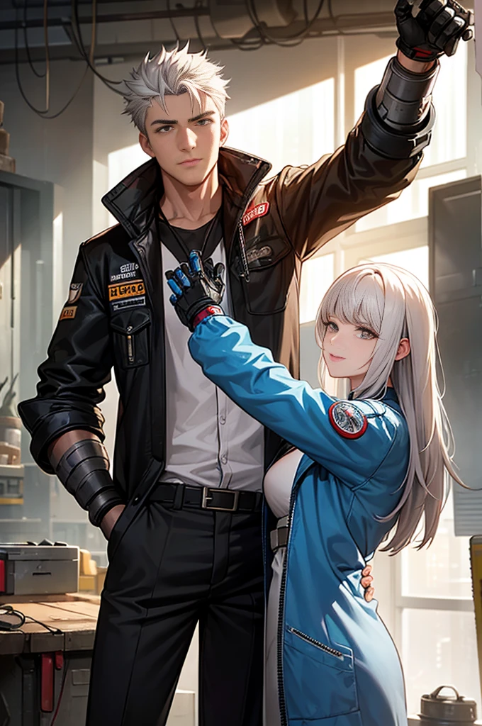 a cybernetically enhanced young man in brown duster jacket with white hair stands alongside a cheerful female mechanic with black hair in a cluttered workshop. They embody the contrast between gritty cyberpunk aesthetics and the warmth of human connection amidst the advanced technological surroundings while in a posing position