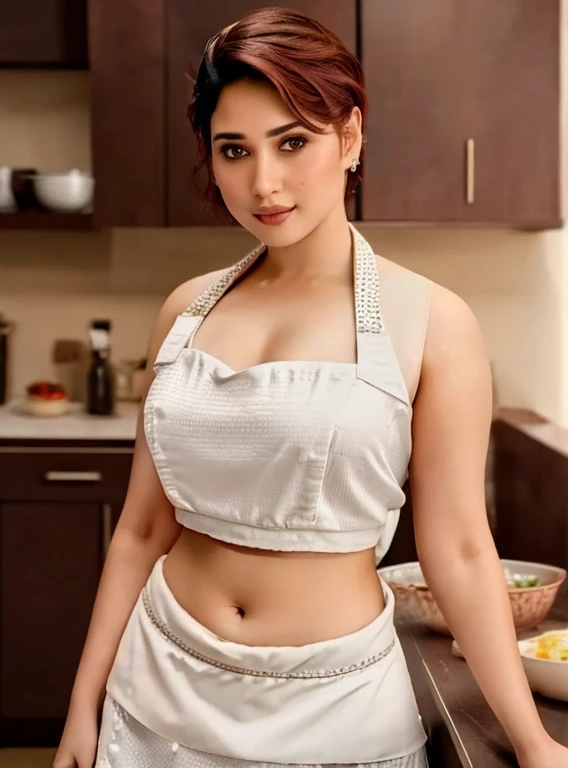 a closeup portrait of a Tamanna, undercut hair, apron, amazing body, pronounced feminine feature, busty, kitchen, [ash blonde | ginger | pink hair], freckles, flirting with camera,  