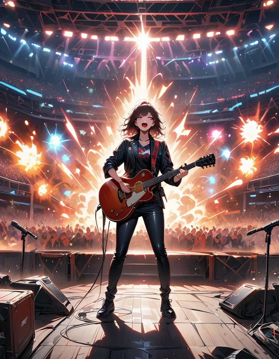 (best quality,4K,8K,high resolution,masterpiece:1.2),Super detailed,(actual,photoactual,photo-actual:1.37),rock star,singer,Guitar,Uniform,Black,tight,golden accents,spacewalk,hysterical singing,Stage lighting,rebellious,glitch art,bright colors,Energetic performance,electric atmosphere,loud music,screaming fans,Huge speakers,Fiery explosion,dynamic poses,Smoke and fog effects,expressive face,rotating lights,Flash,dark background,edgy style,wild hair,microphone stand,Guitar sound distortion,rock music,Celebrity,Electric Guitar Solo,huge concert stage,strut on stage,Condescending,Emotional intensity,Loud and heavy drum beat,Electric energy,Stage fireworks,Powerful vocal performance,the stadium has a full crowd,thousands of fans,Roaring crowd,flash,electric atmosphere,sweaty and Energetic performance,legendary figures,Acting skills,standing ovation
