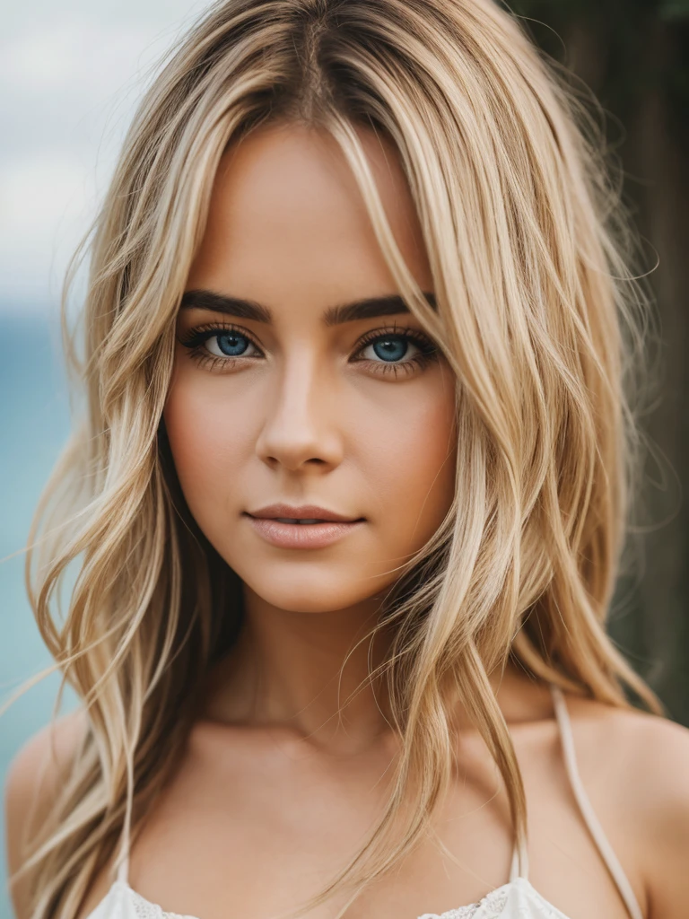 Photorealistic of a insanely beautiful woman with blonde windy messy hair, in the style of panasonic lumix s pro 50mm f/1.4, light beige and dark azure, celebrity images mashups, soft realism, barbiecore, unreal engine 5, 32k uhd, luminous quality, swiss realism, niji 5