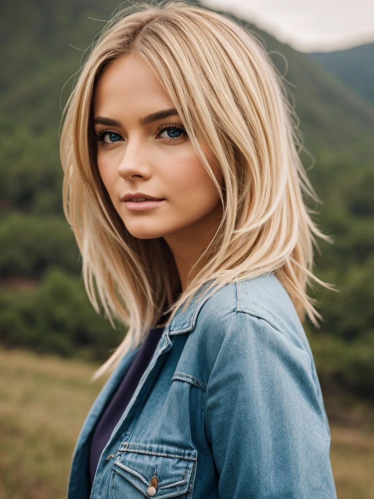 Photorealistic of a insanely beautiful woman with blonde windy messy hair, in the style of panasonic lumix s pro 50mm f/1.4, light beige and dark azure, celebrity images mashups, soft realism, barbiecore, unreal engine 5, 32k uhd, luminous quality, swiss realism, niji 5