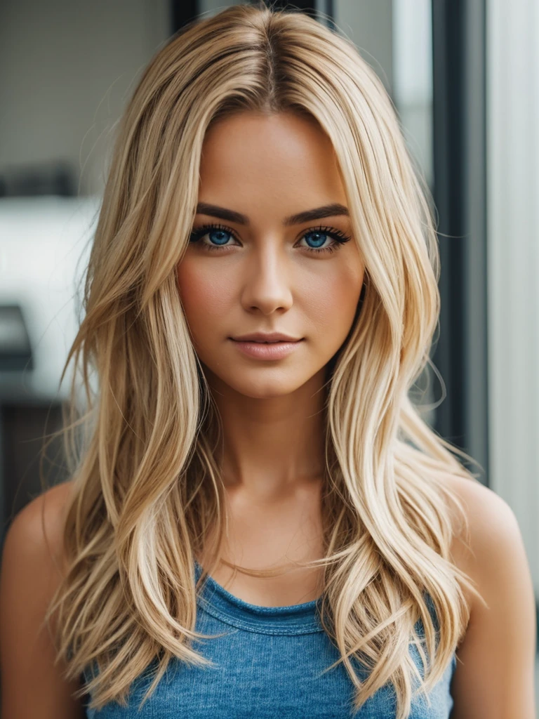 Photorealistic of a insanely beautiful woman with blonde windy messy hair, in the style of panasonic lumix s pro 50mm f/1.4, light beige and dark azure, celebrity images mashups, soft realism, barbiecore, unreal engine 5, 32k uhd, luminous quality, swiss realism, niji 5