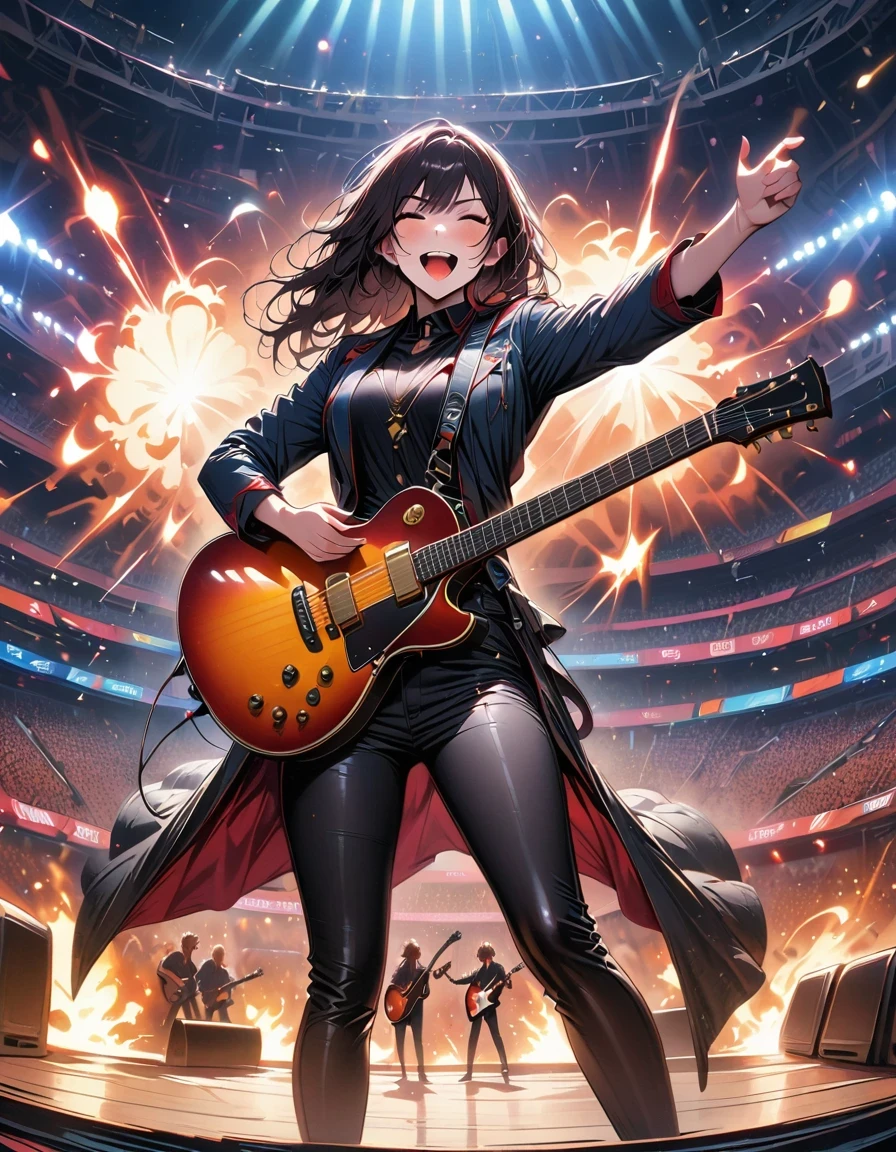 (best quality,4K,8K,high resolution,masterpiece:1.2),Super detailed,(actual,photoactual,photo-actual:1.37),rock star,singer,Guitar,Uniform,Black,tight,golden accents,spacewalk,hysterical singing,Stage lighting,rebellious,glitch art,bright colors,Energetic performance,electric atmosphere,loud music,screaming fans,Huge speakers,Fiery explosion,dynamic poses,Smoke and fog effects,expressive face,rotating lights,Flash,dark background,edgy style,wild hair,microphone stand,Guitar声音失真,rock music,Celebrity,电Guitar独奏,huge concert stage,strut on stage,Condescending,Emotional intensity,Loud and heavy drum beat,Electric energy,Stage fireworks,Powerful vocal performance,the stadium has a full crowd,thousands of fans,Roaring crowd,flash,electric atmosphere,sweaty and Energetic performance,legendary figures,Acting skills,standing ovation