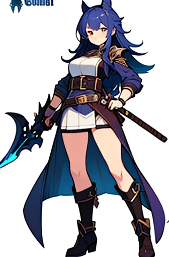 (((Best Quality))) , ((full body)), female, high fantasy outfit, reference sheet, solo, (white background), holding weapon, belt, blue, orange, green, violet, brown, white, maroon,