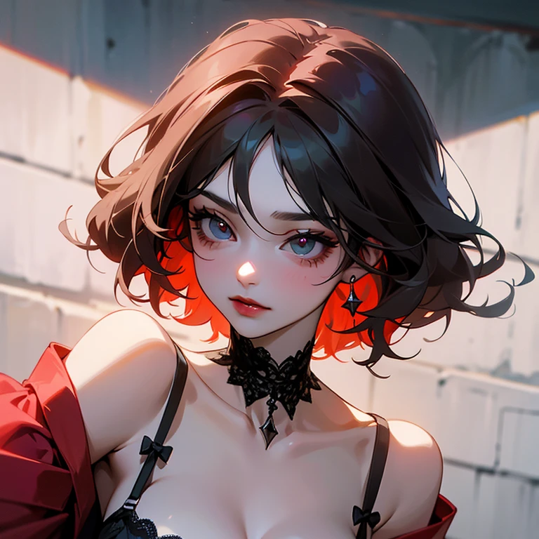 Chica tosca, albina, ojos rojos, cabello corto, expression would be, with lingerie, pechos grandes