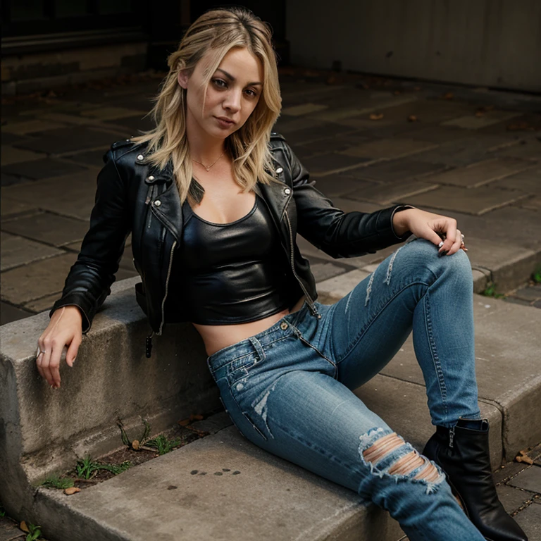 Kaley Cuoco dressed in leather jacket and ripped jeans