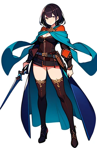 (((Best Quality))) , ((full body)), adult woman, high fantasy outfit, reference sheet, solo, (white background), holding weapon, belt, blue, orange, green, violet, brown, white, maroon,
