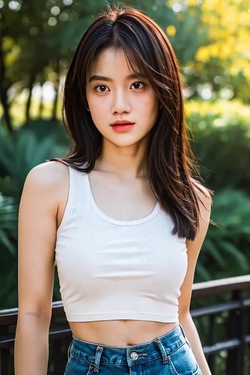 18 years old girl, (((at park))), (white tank top), jeans,  RAW photo, (photorealistic:1.37, realistic), highly detailed CG unified 8K wallpapers, 1girl, ((thick body:0.8)), (clevage, huge breasts:0.8), looking at viewer, (((straight from front))), (HQ skin:1.2, shiny skin), 8k uhd, dslr, soft lighting, high quality, film grain, Fujifilm XT3, (upper body:0.4) (professional lighting:1.6) ,  lordkayes