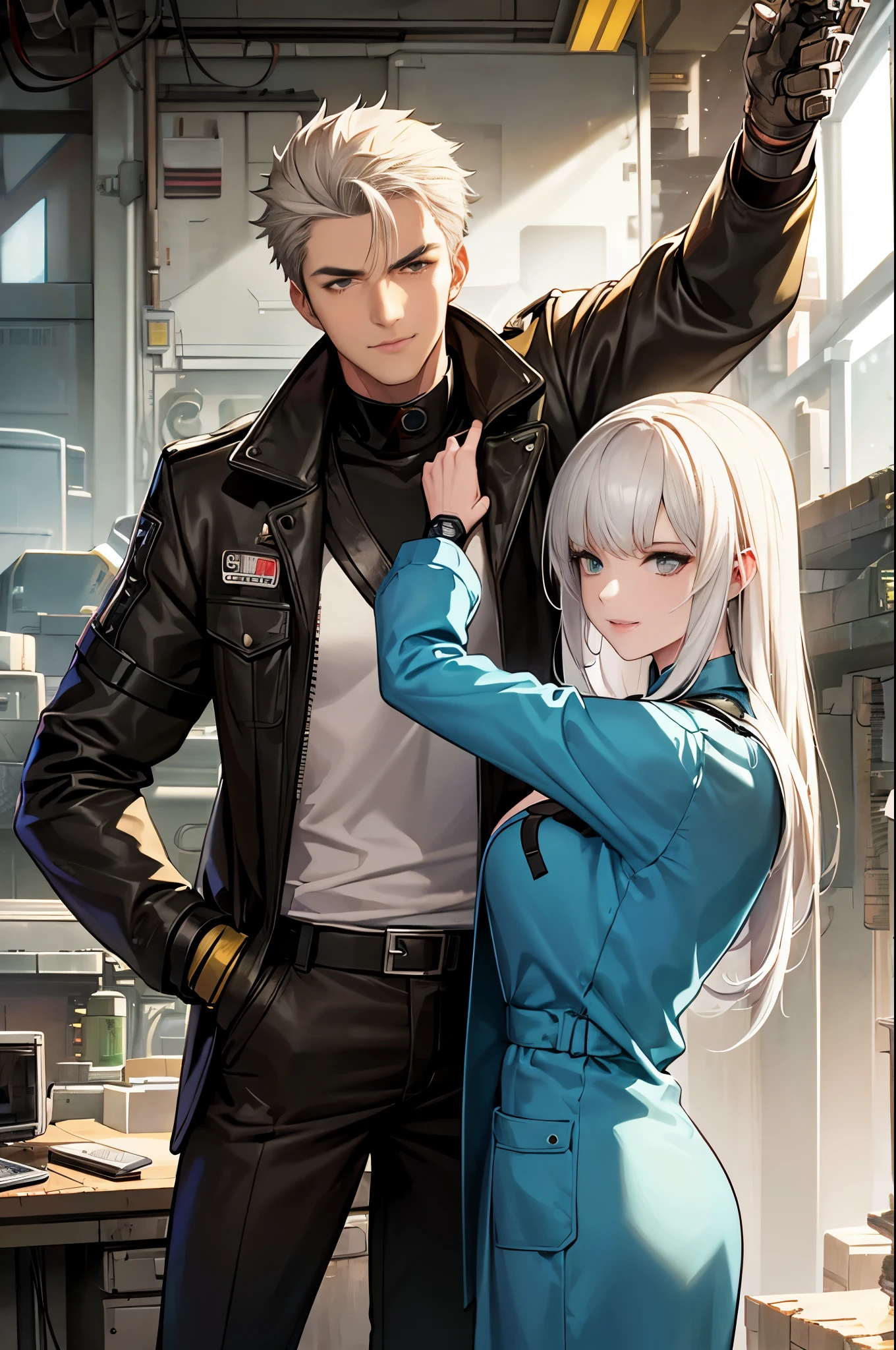 a cybernetically enhanced young man in brown duster jacket with white hair stands alongside a cheerful female mechanic with black hair in a cluttered workshop. They embody the contrast between gritty cyberpunk aesthetics and the warmth of human connection amidst the advanced technological surroundings while in a posing position
