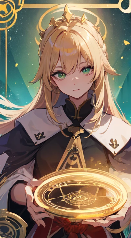 35 year old female ,long blonde hair, green eyes, Thin, Big , queen, magic circle, priest, 西式priest輕裝, Make it like tarot anime style but without the frame, Warm eyes , light, bright, treat, Golden beam, Golden energy, Golden particles
