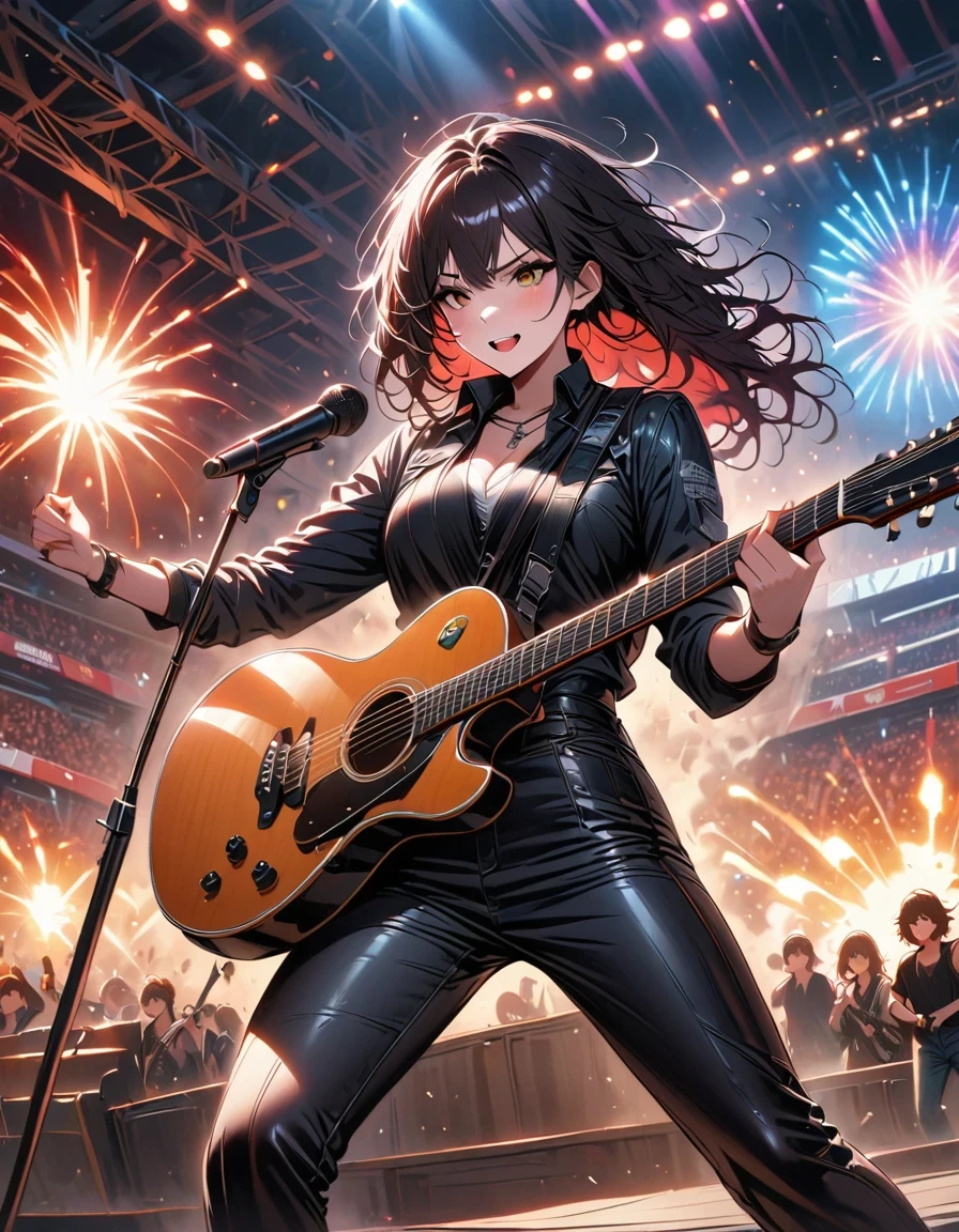 (best quality,4K,8K,high resolution,masterpiece:1.2),Super detailed,(actual,photoactual,photo-actual:1.37),rock star,singer,Guitar,Uniform,Black,tight,golden accents,spacewalk,hysterical singing,Stage lighting,rebellious,glitch art,bright colors,Energetic performance,electric atmosphere,loud music,screaming fans,Huge speakers,Fiery explosion,dynamic poses,Smoke and fog effects,expressive face,rotating lights,Flash,dark background,edgy style,wild hair,microphone stand,Guitar声音失真,rock music,Celebrity,电Guitar独奏,huge concert stage,strut on stage,Condescending,Emotional intensity,Loud and heavy drum beat,Electric energy,Stage fireworks,Powerful vocal performance,the stadium has a full crowd,thousands of fans,Roaring crowd,flash,electric atmosphere,sweaty and Energetic performance,legendary figures,Acting skills,standing ovation