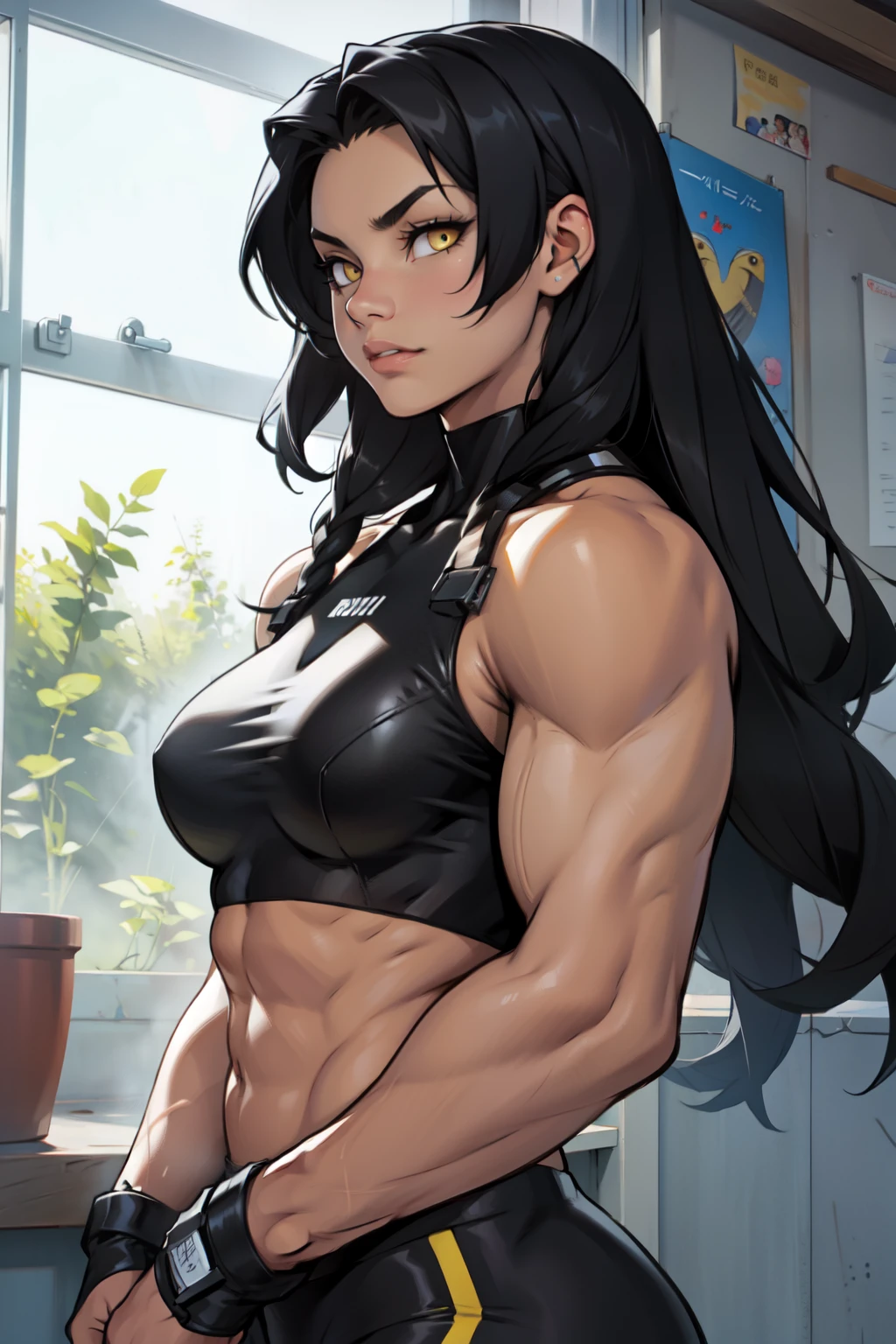 muscular girl black hair yellow eyes seductive